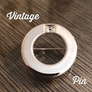 Silver Circle Pin Square Cut Glass Rhinestone